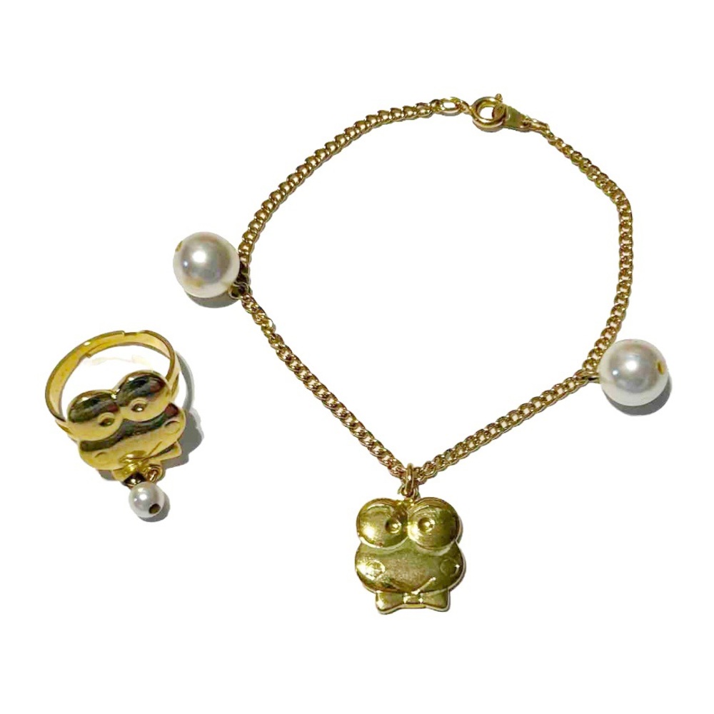 Sanrio Kero Keroppi The Frog Bracelet and Ring Set Gold Tone Pearls Kawaii Cute